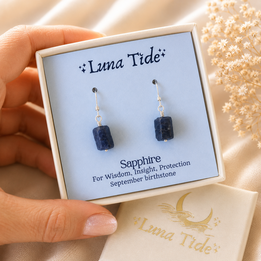 Raw Blue Sapphire Crystal Dangle Drop Earrings