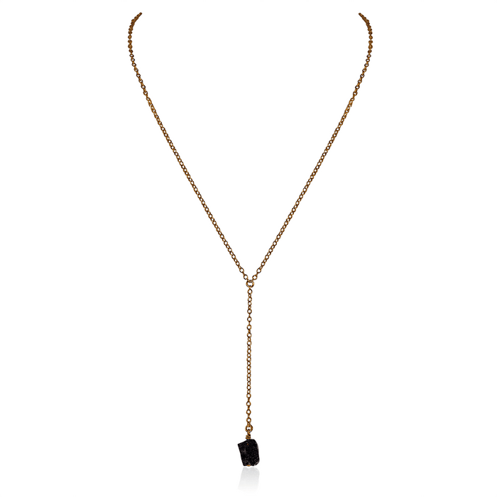 Bronze Black Tourmaline Raw Crystal Lariat Necklace