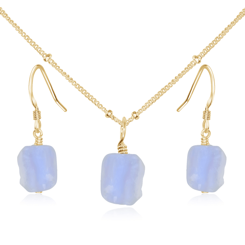 Raw Blue Lace Agate Crystal Earrings & Necklace Set - Raw Blue Lace Agate Crystal Earrings & Necklace Set - 14k Gold Fill / Satellite - Luna Tide Handmade Crystal Jewellery