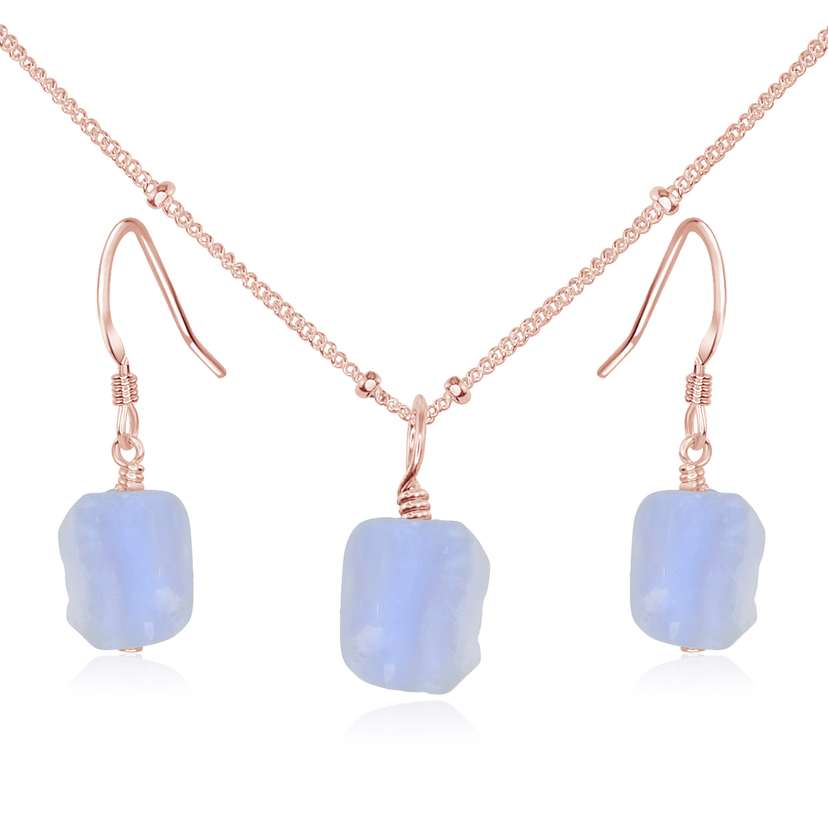 Raw Blue Lace Agate Crystal Earrings & Necklace Set - Raw Blue Lace Agate Crystal Earrings & Necklace Set - 14k Rose Gold Fill / Satellite - Luna Tide Handmade Crystal Jewellery