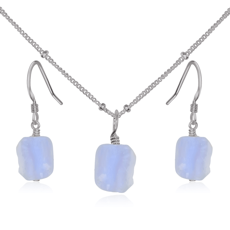 Raw Blue Lace Agate Crystal Earrings & Necklace Set - Raw Blue Lace Agate Crystal Earrings & Necklace Set - Stainless Steel / Satellite - Luna Tide Handmade Crystal Jewellery