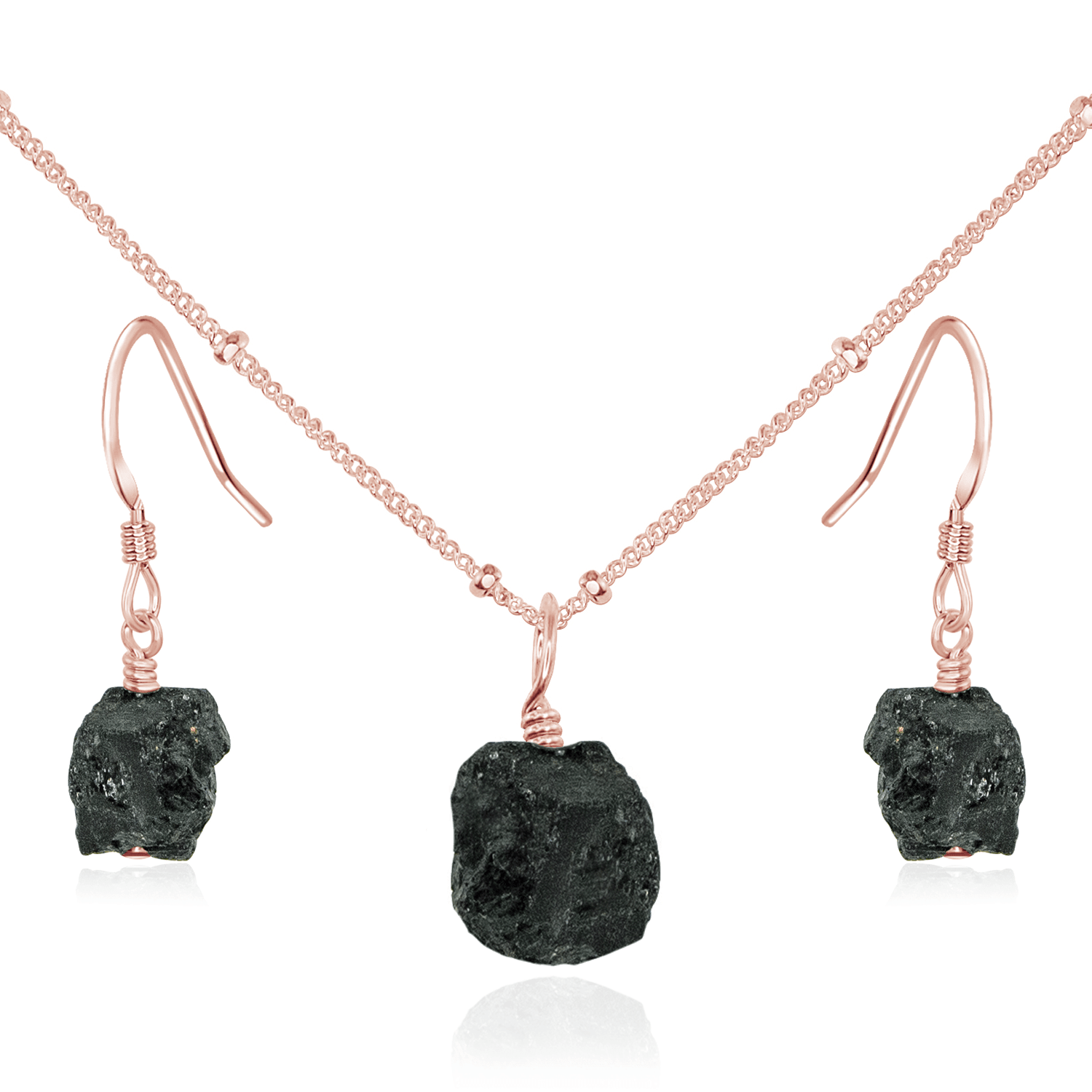 Raw Black Tourmaline Crystal Earrings & Necklace Set - Raw Black Tourmaline Crystal Earrings & Necklace Set - 14k Rose Gold Fill / Satellite - Luna Tide Handmade Crystal Jewellery