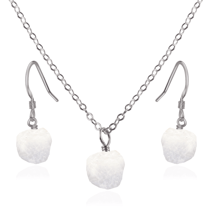 Raw Rainbow Moonstone Crystal Earrings & Necklace Set - Raw Rainbow Moonstone Crystal Earrings & Necklace Set - Stainless Steel / Cable - Luna Tide Handmade Crystal Jewellery