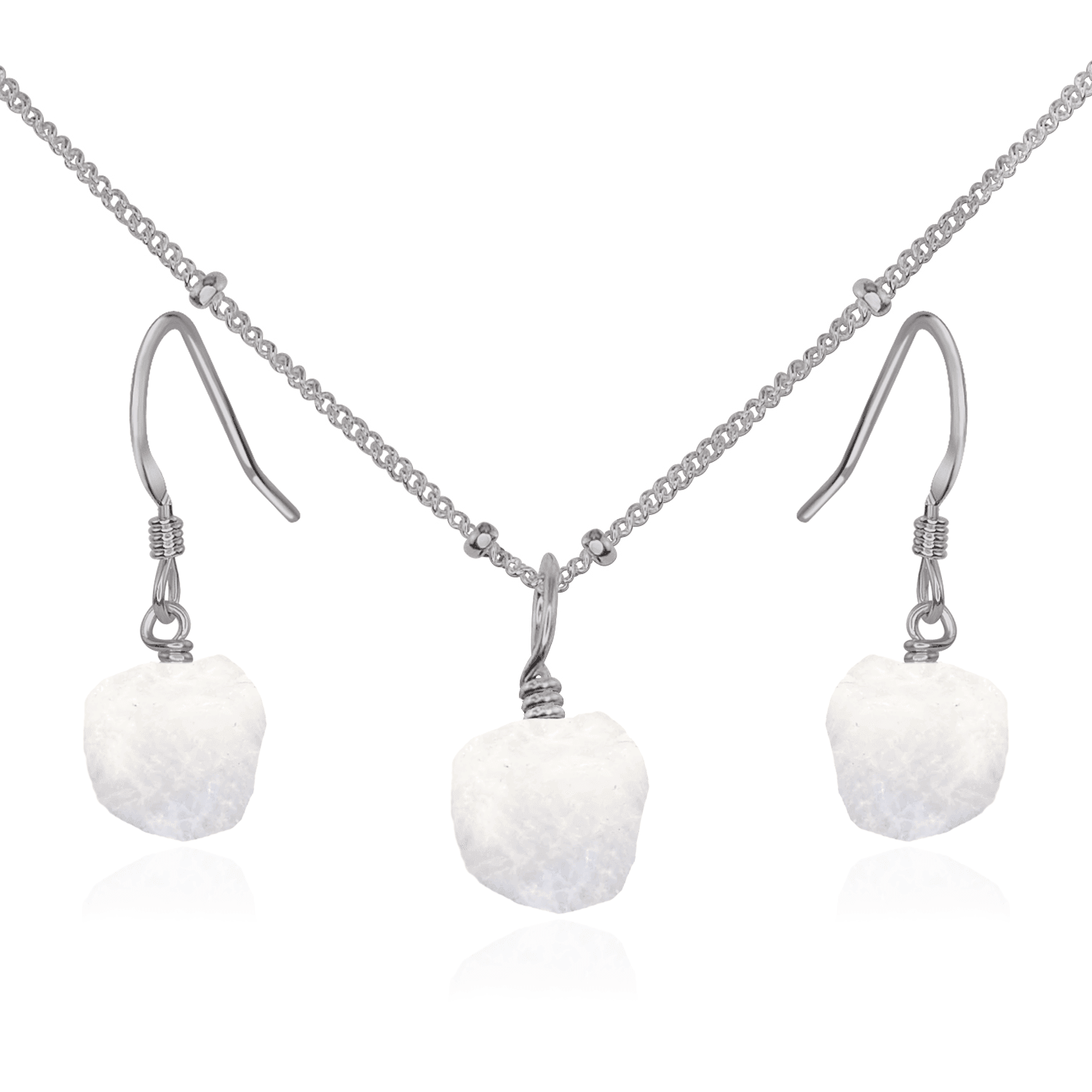 Raw Rainbow Moonstone Crystal Earrings & Necklace Set - Raw Rainbow Moonstone Crystal Earrings & Necklace Set - Stainless Steel / Satellite - Luna Tide Handmade Crystal Jewellery