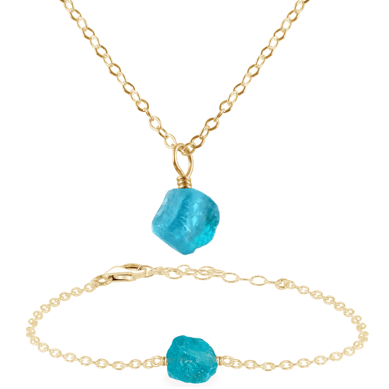 Raw Apatite Crystal Earrings & Necklace Set - Raw Apatite Crystal Earrings & Necklace Set - 14k Gold Fill / Cable / Necklace & Bracelet - Luna Tide Handmade Crystal Jewellery