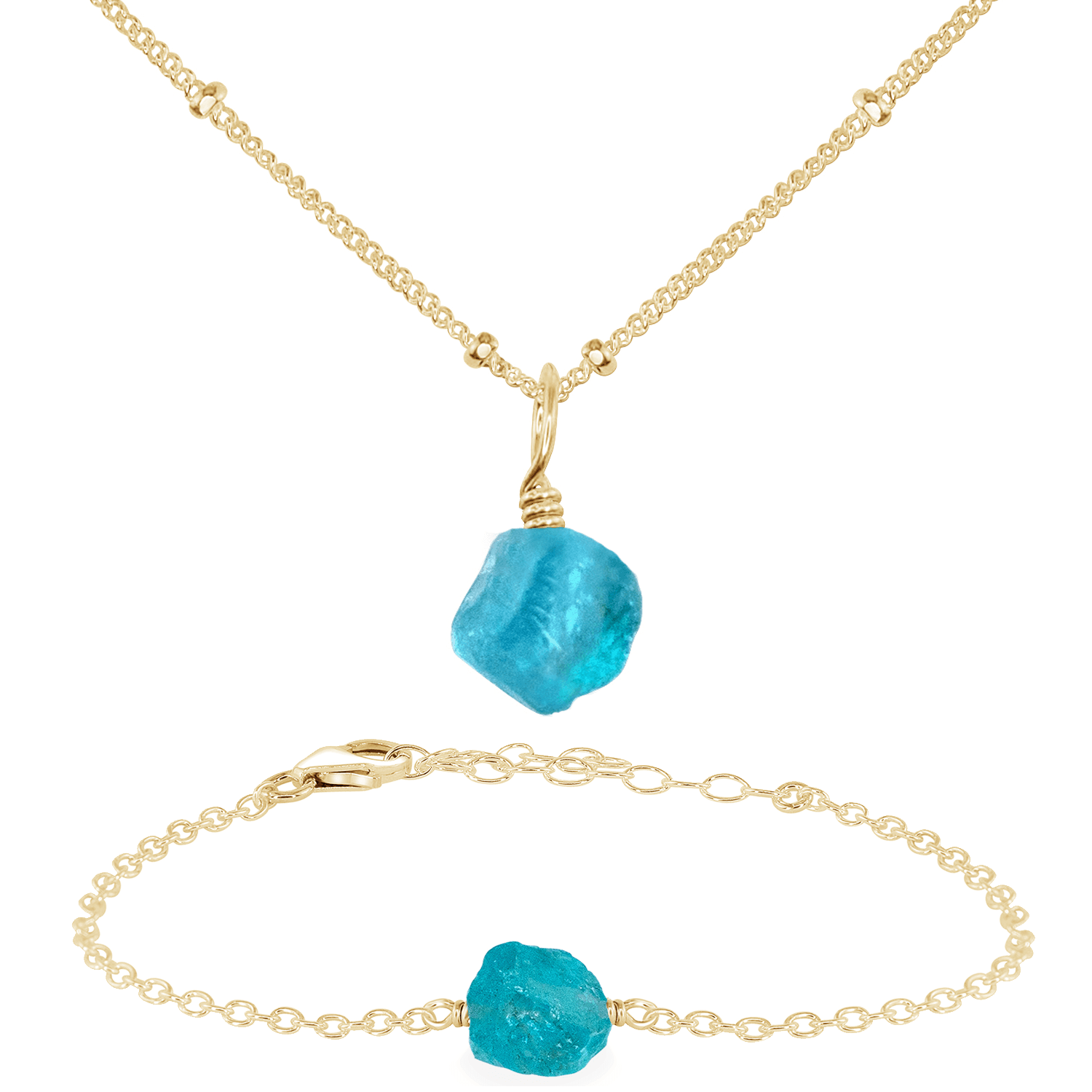 Raw Apatite Crystal Jewellery Set - Raw Apatite Crystal Jewellery Set - 14k Gold Fill / Satellite / Necklace & Bracelet - Luna Tide Handmade Crystal Jewellery
