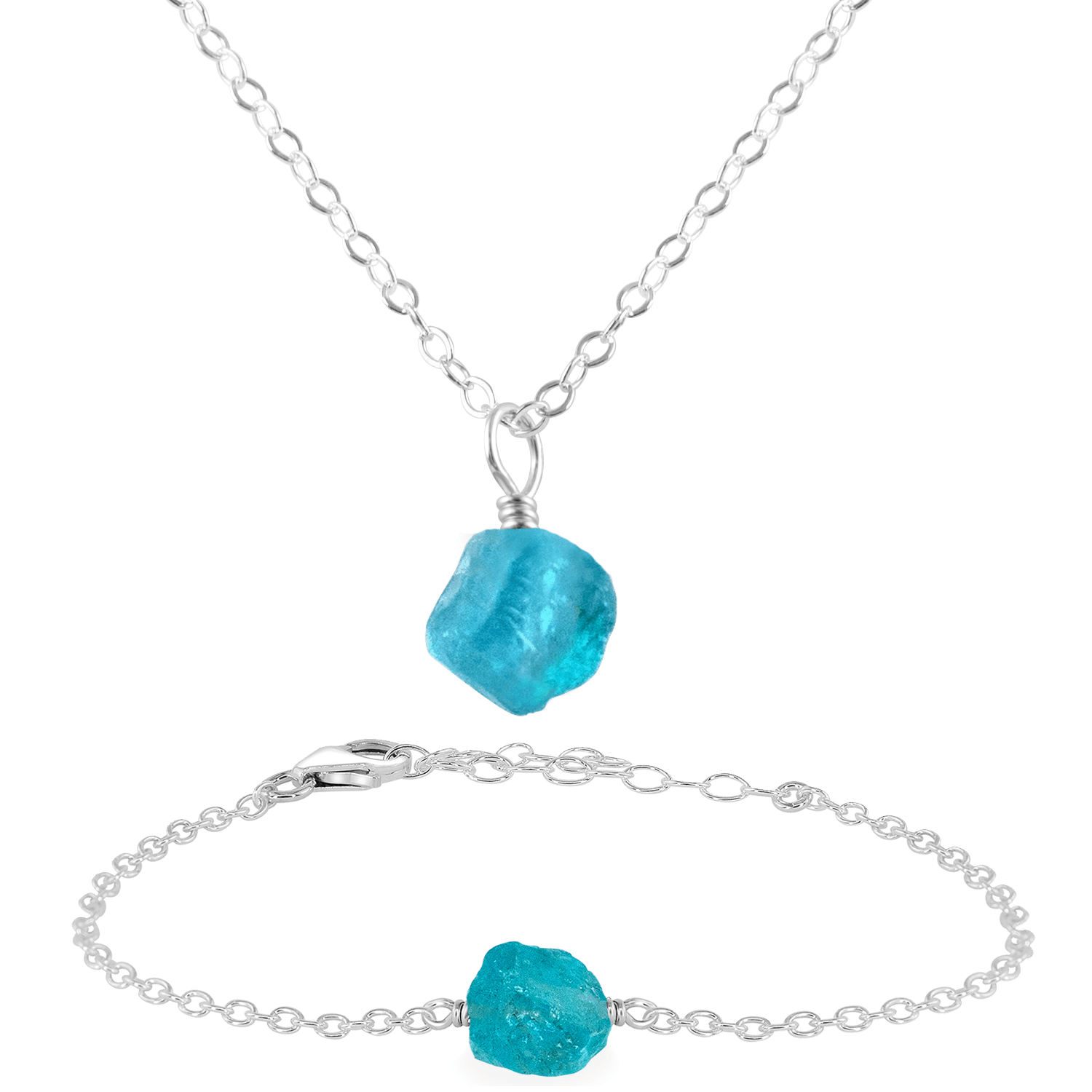 Raw Apatite Crystal Jewellery Set - Raw Apatite Crystal Jewellery Set - Sterling Silver / Cable / Necklace & Bracelet - Luna Tide Handmade Crystal Jewellery