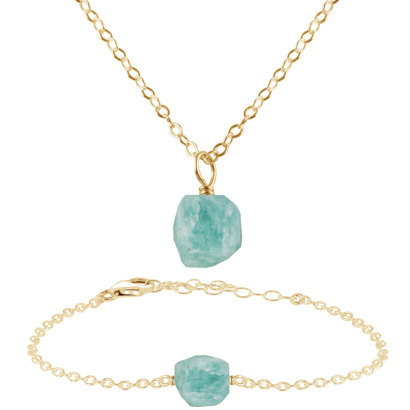 Raw Amazonite Crystal Necklace, Earrings and Bracelet Set - Raw Amazonite Crystal Necklace, Earrings and Bracelet Set - 14k Gold Fill / Cable / Necklace & Bracelet - Luna Tide Handmade Crystal Jewellery