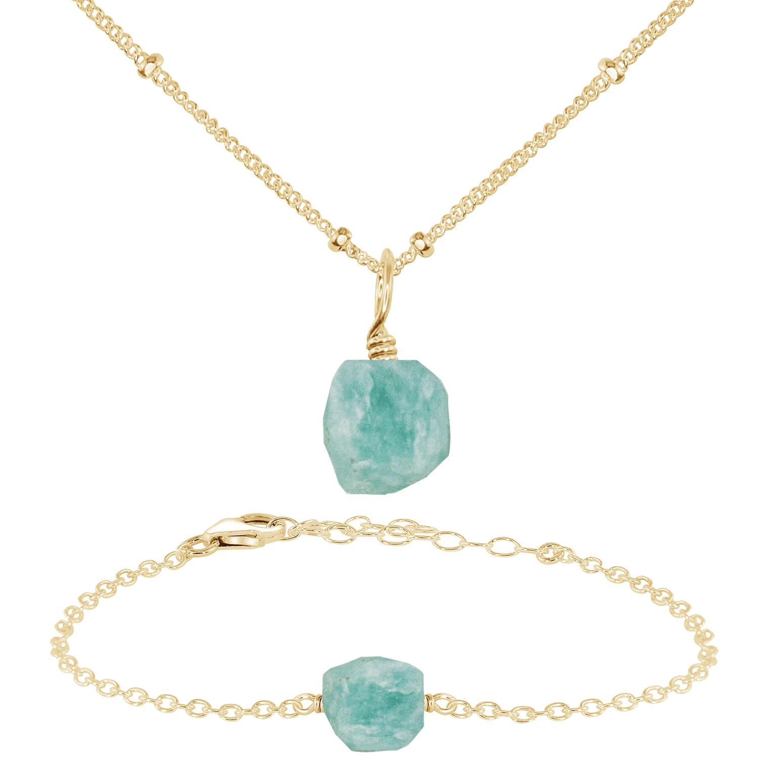Raw Amazonite Crystal Jewellery Set - Raw Amazonite Crystal Jewellery Set - 14k Gold Fill / Satellite / Necklace & Bracelet - Luna Tide Handmade Crystal Jewellery
