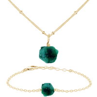 Raw Emerald Crystal Jewellery Set - Raw Emerald Crystal Jewellery Set - 14k Gold Fill / Satellite / Necklace & Bracelet - Luna Tide Handmade Crystal Jewellery
