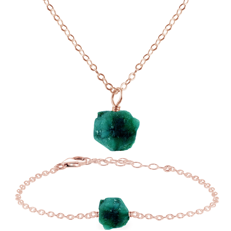 Raw Emerald Crystal Jewellery Set - Raw Emerald Crystal Jewellery Set - 14k Rose Gold Fill / Cable / Necklace & Bracelet - Luna Tide Handmade Crystal Jewellery