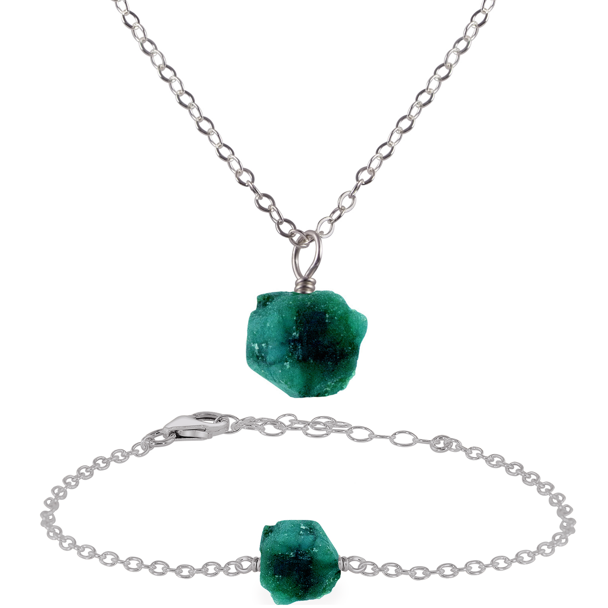 Raw Emerald Crystal Jewellery Set - Raw Emerald Crystal Jewellery Set - Stainless Steel / Cable / Necklace & Bracelet - Luna Tide Handmade Crystal Jewellery