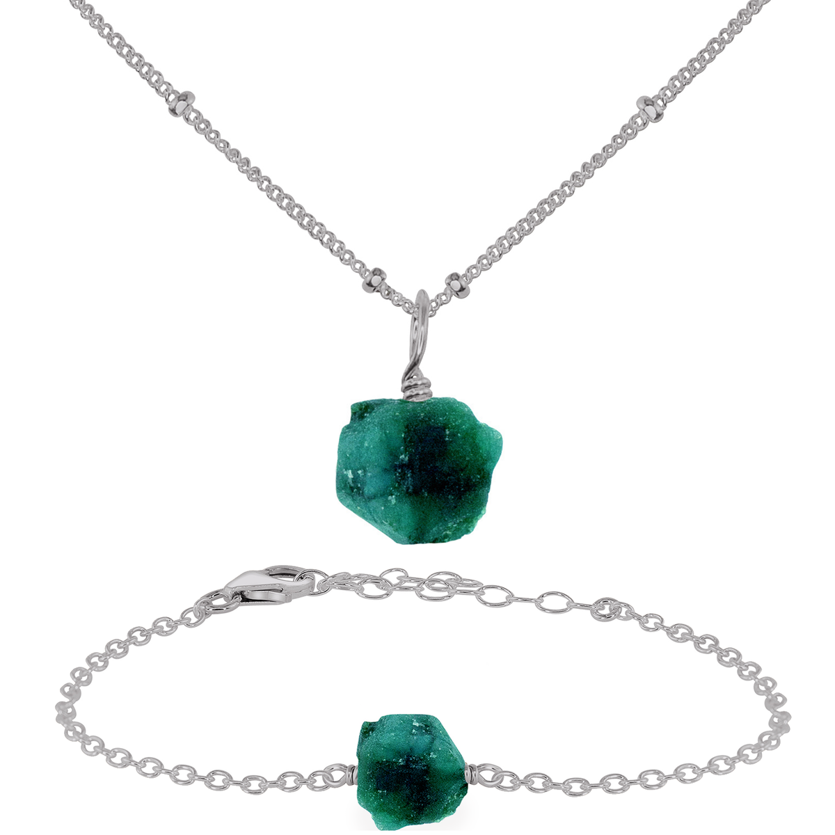 Raw Emerald Crystal Jewellery Set - Raw Emerald Crystal Jewellery Set - Stainless Steel / Satellite / Necklace & Bracelet - Luna Tide Handmade Crystal Jewellery
