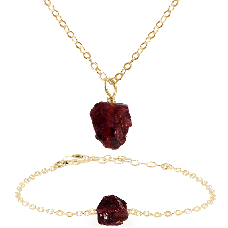 Raw Garnet Crystal Jewellery Set - Raw Garnet Crystal Jewellery Set - 14k Gold Fill / Cable / Necklace & Bracelet - Luna Tide Handmade Crystal Jewellery