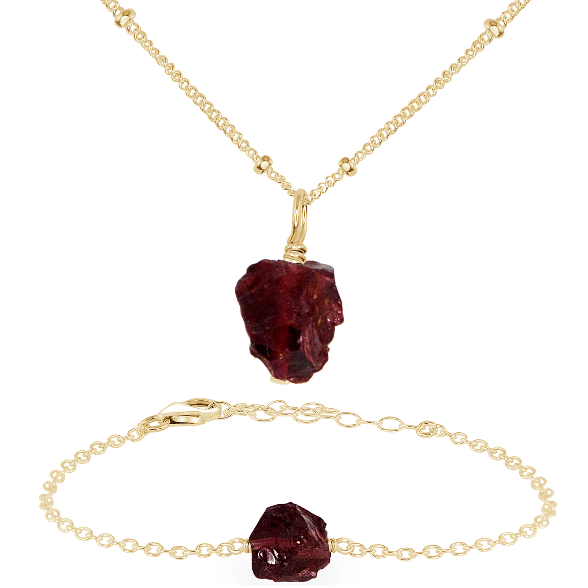 Raw Garnet Crystal Jewellery Set - Raw Garnet Crystal Jewellery Set - 14k Gold Fill / Satellite / Necklace & Bracelet - Luna Tide Handmade Crystal Jewellery