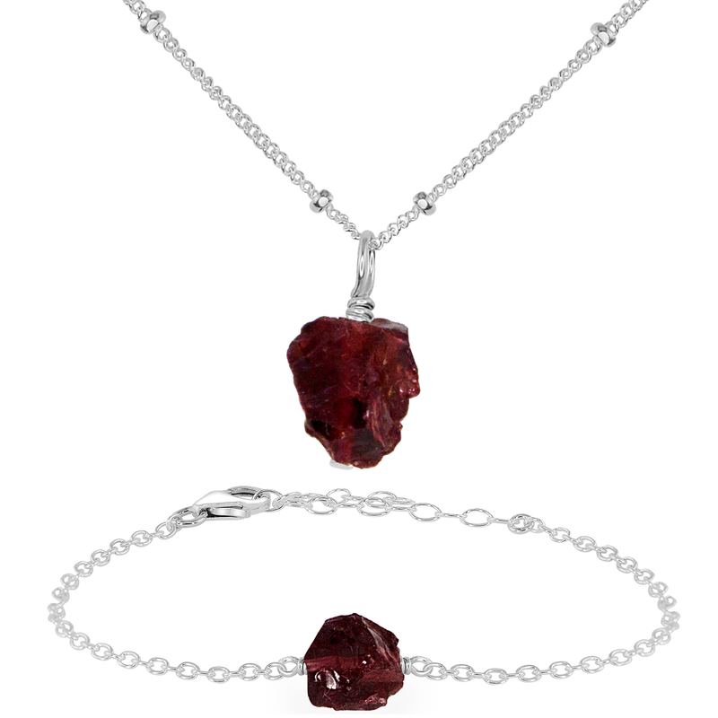 Raw Garnet Crystal Jewellery Set - Raw Garnet Crystal Jewellery Set - Sterling Silver / Satellite / Necklace & Bracelet - Luna Tide Handmade Crystal Jewellery