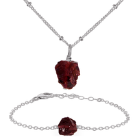 Raw Garnet Crystal Jewellery Set - Raw Garnet Crystal Jewellery Set - Stainless Steel / Satellite / Necklace & Bracelet - Luna Tide Handmade Crystal Jewellery