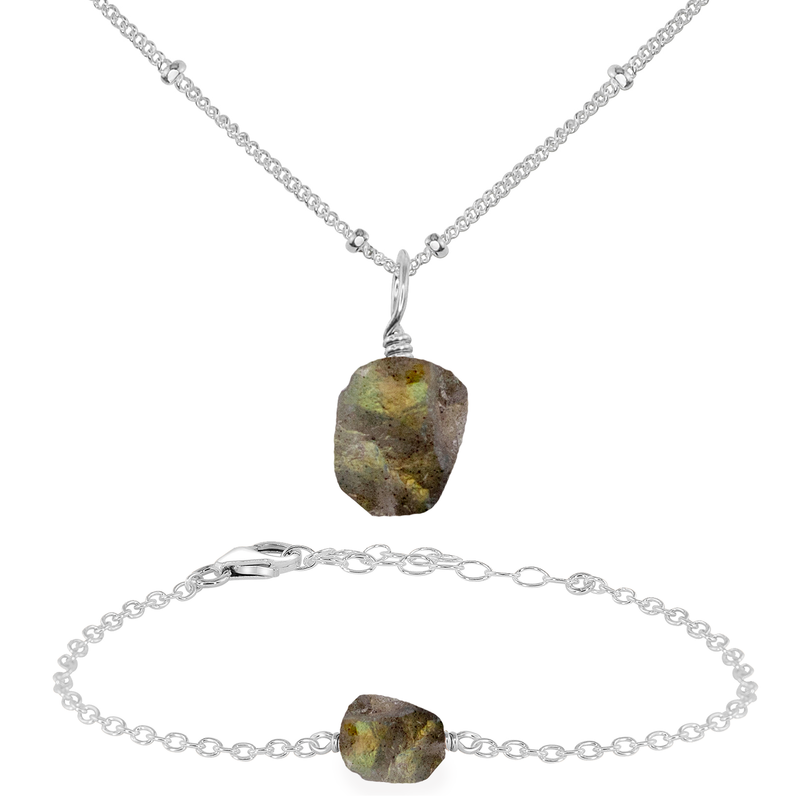 Raw Labradorite Crystal Jewellery Set - Raw Labradorite Crystal Jewellery Set - Sterling Silver / Satellite / Necklace & Bracelet - Luna Tide Handmade Crystal Jewellery