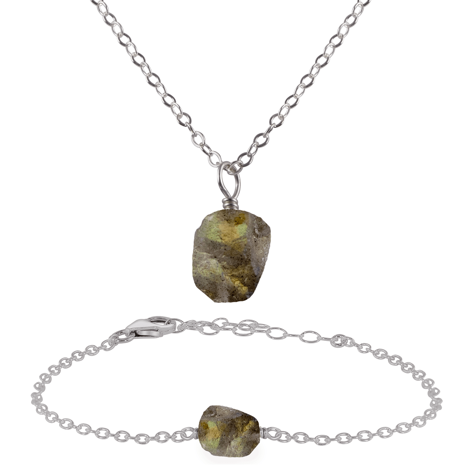 Raw Labradorite Crystal Jewellery Set - Raw Labradorite Crystal Jewellery Set - Stainless Steel / Cable / Necklace & Bracelet - Luna Tide Handmade Crystal Jewellery