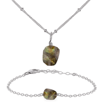 Raw Labradorite Crystal Jewellery Set - Raw Labradorite Crystal Jewellery Set - Stainless Steel / Satellite / Necklace & Bracelet - Luna Tide Handmade Crystal Jewellery