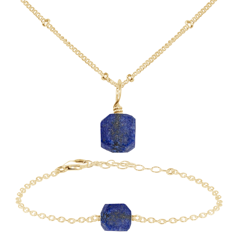 Raw Lapis Lazuli Crystal Jewellery Set - Raw Lapis Lazuli Crystal Jewellery Set - 14k Gold Fill / Satellite / Necklace & Bracelet - Luna Tide Handmade Crystal Jewellery