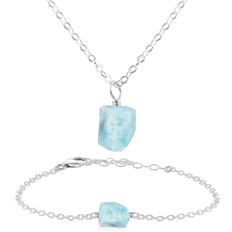 Raw Larimar Crystal Jewellery Set - Raw Larimar Crystal Jewellery Set - Sterling Silver / Cable / Necklace & Bracelet - Luna Tide Handmade Crystal Jewellery