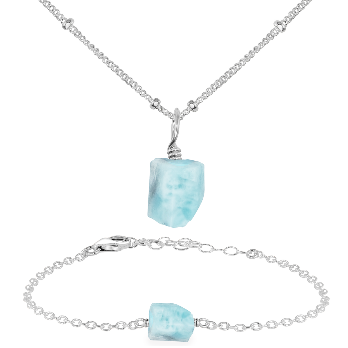 Raw Larimar Crystal Jewellery Set - Raw Larimar Crystal Jewellery Set - Sterling Silver / Satellite / Necklace & Bracelet - Luna Tide Handmade Crystal Jewellery