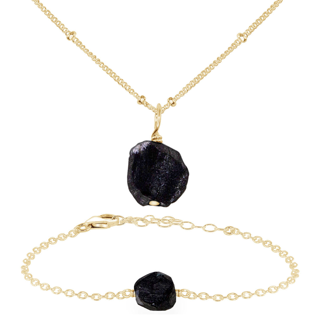 Raw Obsidian Crystal Jewellery Set - Raw Obsidian Crystal Jewellery Set - 14k Gold Fill / Satellite / Necklace & Bracelet - Luna Tide Handmade Crystal Jewellery