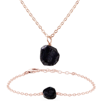 Raw Obsidian Crystal Jewellery Set - Raw Obsidian Crystal Jewellery Set - 14k Rose Gold Fill / Cable / Necklace & Bracelet - Luna Tide Handmade Crystal Jewellery