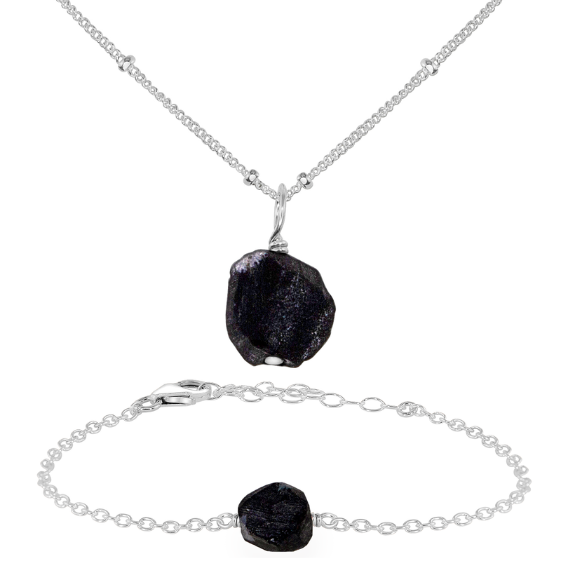 Raw Obsidian Crystal Jewellery Set - Raw Obsidian Crystal Jewellery Set - Sterling Silver / Satellite / Necklace & Bracelet - Luna Tide Handmade Crystal Jewellery