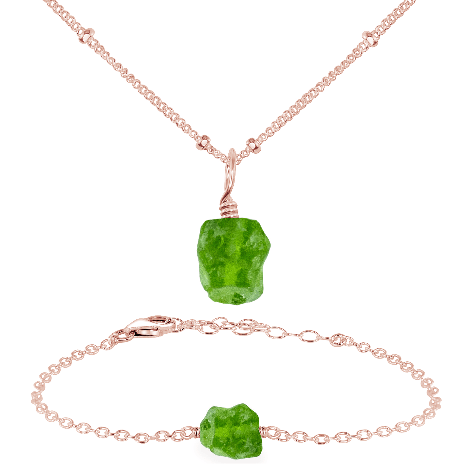 Raw Peridot Crystal Jewellery Set - Raw Peridot Crystal Jewellery Set - 14k Rose Gold Fill / Satellite / Necklace & Bracelet - Luna Tide Handmade Crystal Jewellery