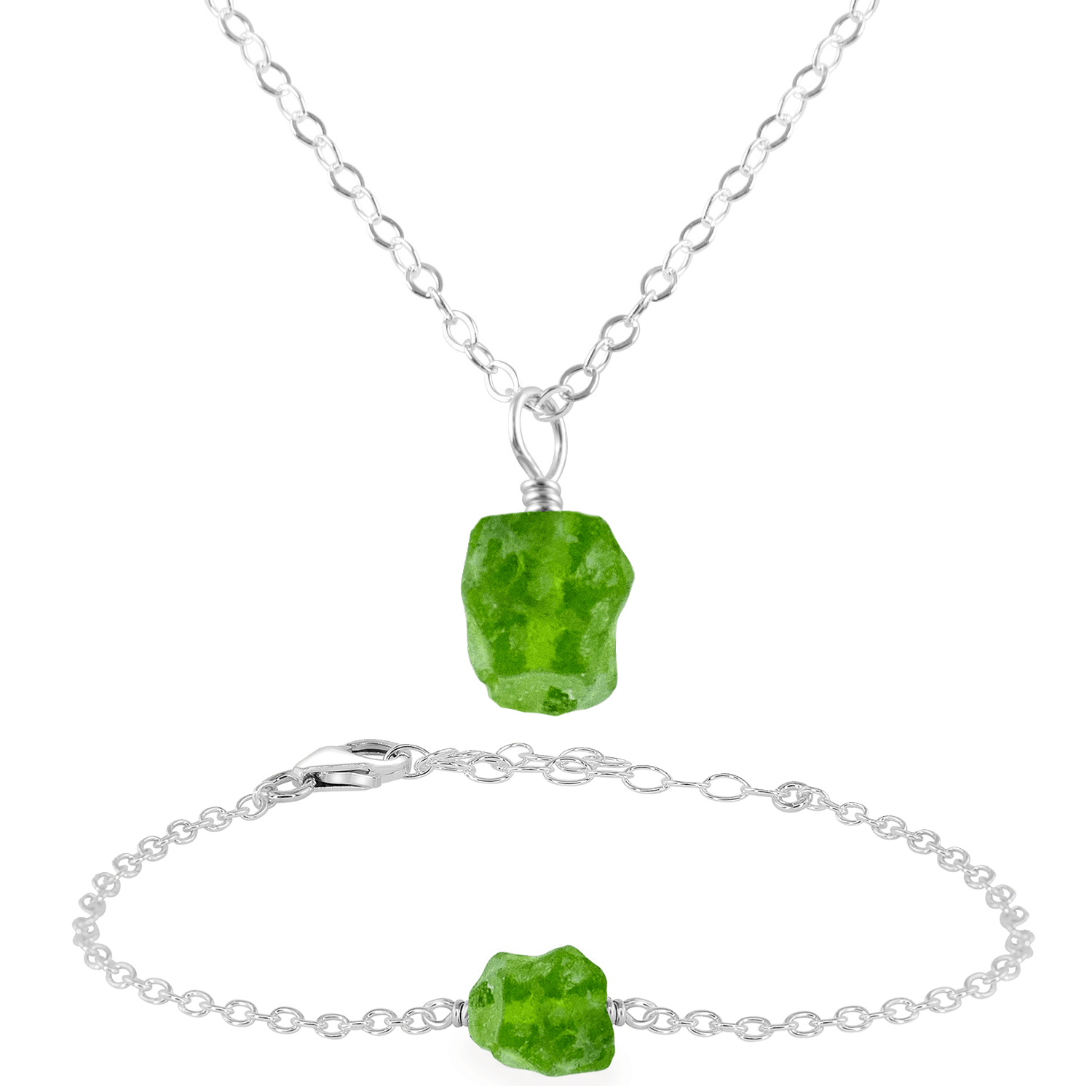 Raw Peridot Crystal Jewellery Set - Raw Peridot Crystal Jewellery Set - Sterling Silver / Cable / Necklace & Bracelet - Luna Tide Handmade Crystal Jewellery
