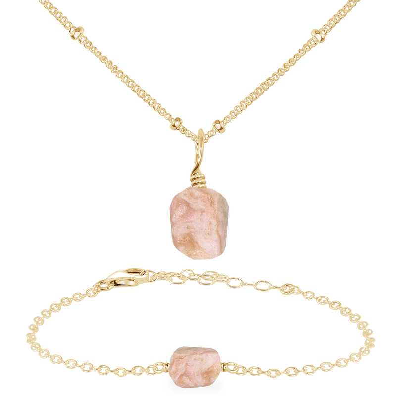 Raw Pink Peruvian Opal Crystal Jewellery Set - Raw Pink Peruvian Opal Crystal Jewellery Set - 14k Gold Fill / Satellite / Necklace & Bracelet - Luna Tide Handmade Crystal Jewellery