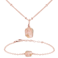 Raw Pink Peruvian Opal Crystal Jewellery Set - Raw Pink Peruvian Opal Crystal Jewellery Set - 14k Rose Gold Fill / Satellite / Necklace & Bracelet - Luna Tide Handmade Crystal Jewellery