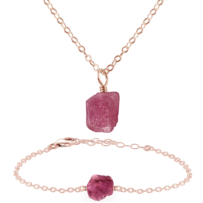 Raw Pink Tourmaline Crystal Jewellery Set - Raw Pink Tourmaline Crystal Jewellery Set - 14k Rose Gold Fill / Cable / Necklace & Bracelet - Luna Tide Handmade Crystal Jewellery