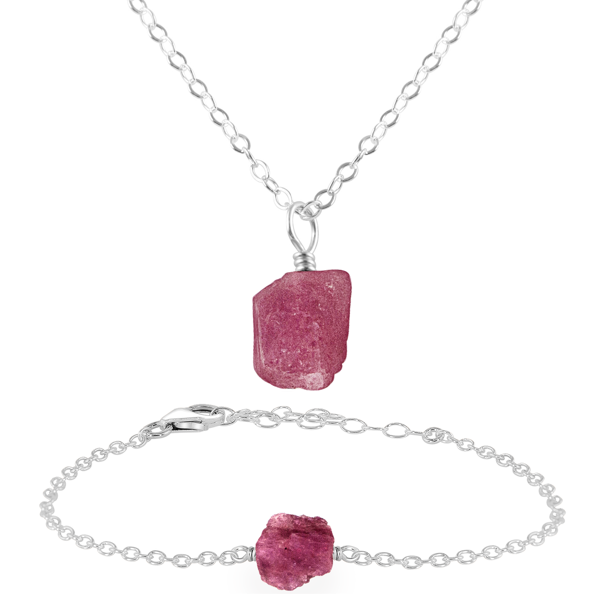 Raw Pink Tourmaline Crystal Jewellery Set - Raw Pink Tourmaline Crystal Jewellery Set - Sterling Silver / Cable / Necklace & Bracelet - Luna Tide Handmade Crystal Jewellery