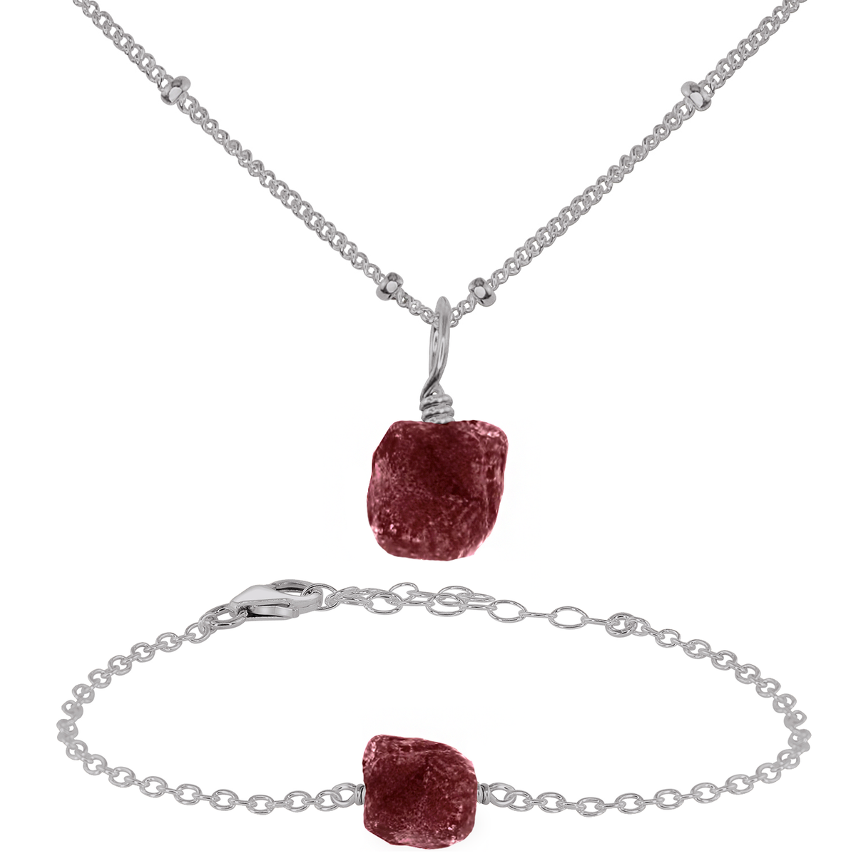 Raw Ruby Crystal Jewellery Set - Raw Ruby Crystal Jewellery Set - Stainless Steel / Satellite / Necklace & Bracelet - Luna Tide Handmade Crystal Jewellery