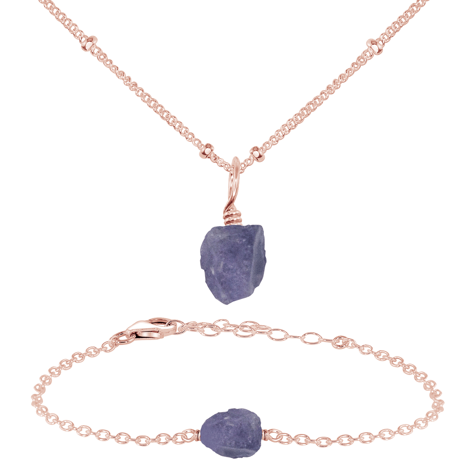 Raw Tanzanite Crystal Jewellery Set - Raw Tanzanite Crystal Jewellery Set - 14k Rose Gold Fill / Satellite / Necklace & Bracelet - Luna Tide Handmade Crystal Jewellery