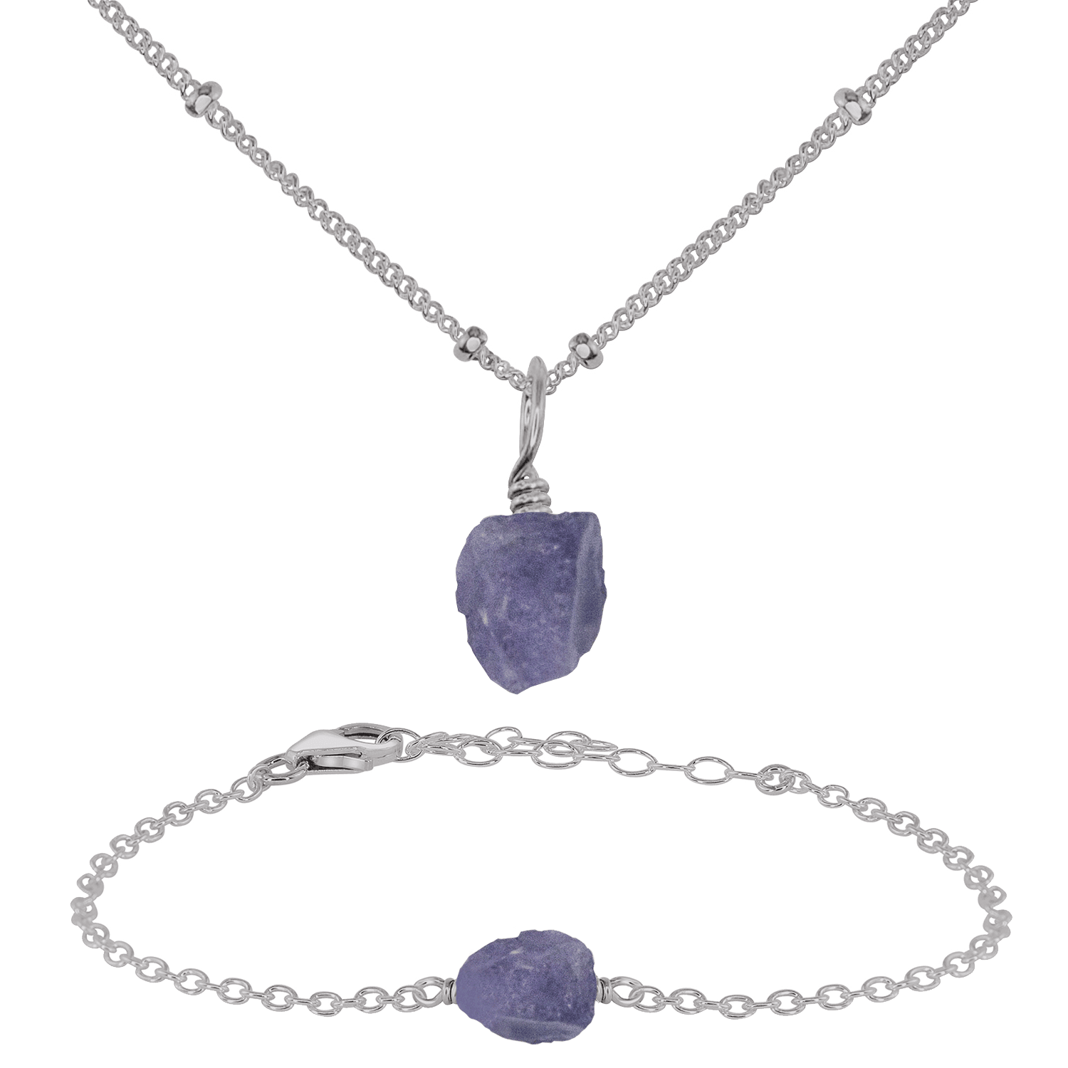 Raw Tanzanite Crystal Jewellery Set - Raw Tanzanite Crystal Jewellery Set - Stainless Steel / Satellite / Necklace & Bracelet - Luna Tide Handmade Crystal Jewellery