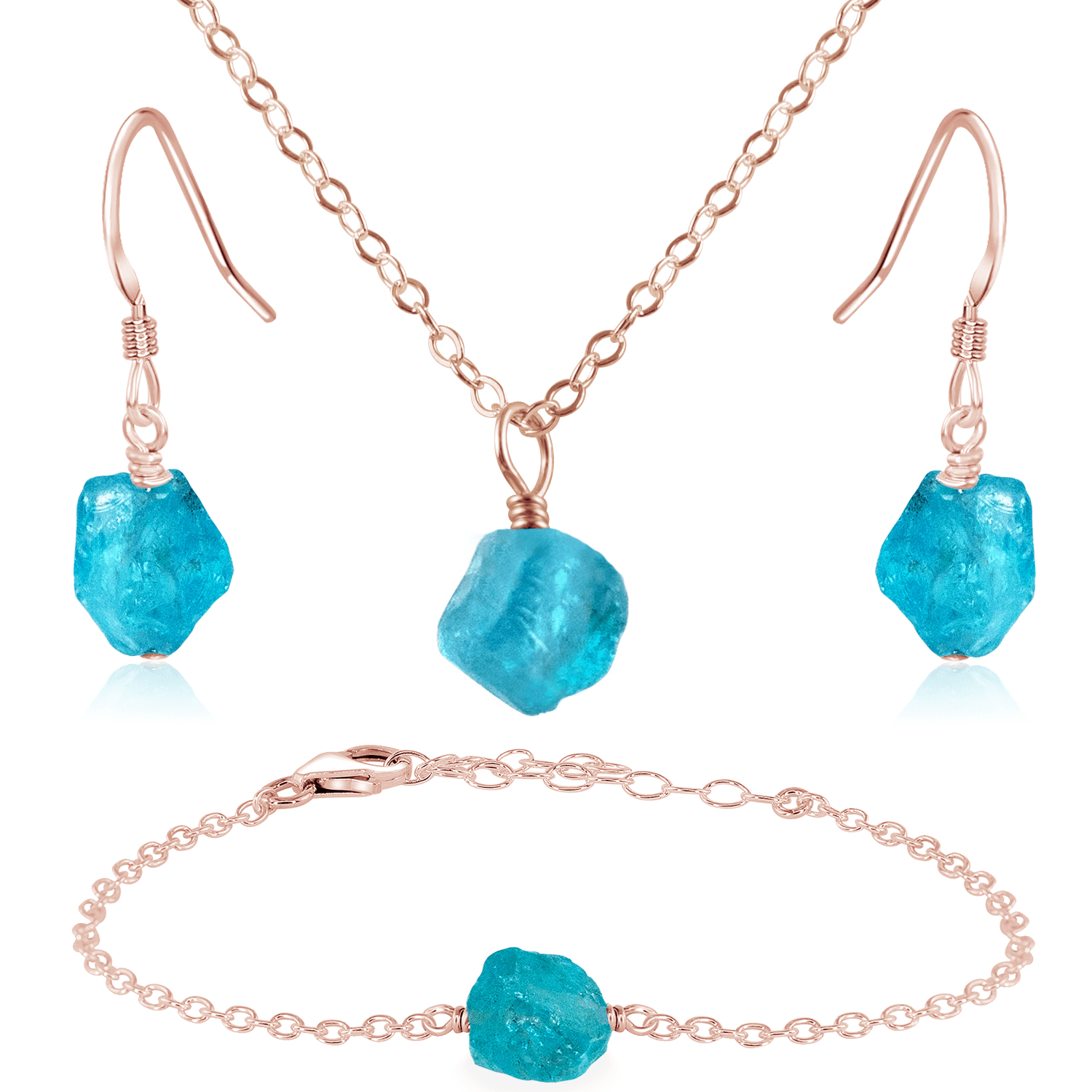 Raw Apatite Crystal Jewellery Set - Raw Apatite Crystal Jewellery Set - 14k Rose Gold Fill / Cable / Necklace & Earrings & Bracelet - Luna Tide Handmade Crystal Jewellery