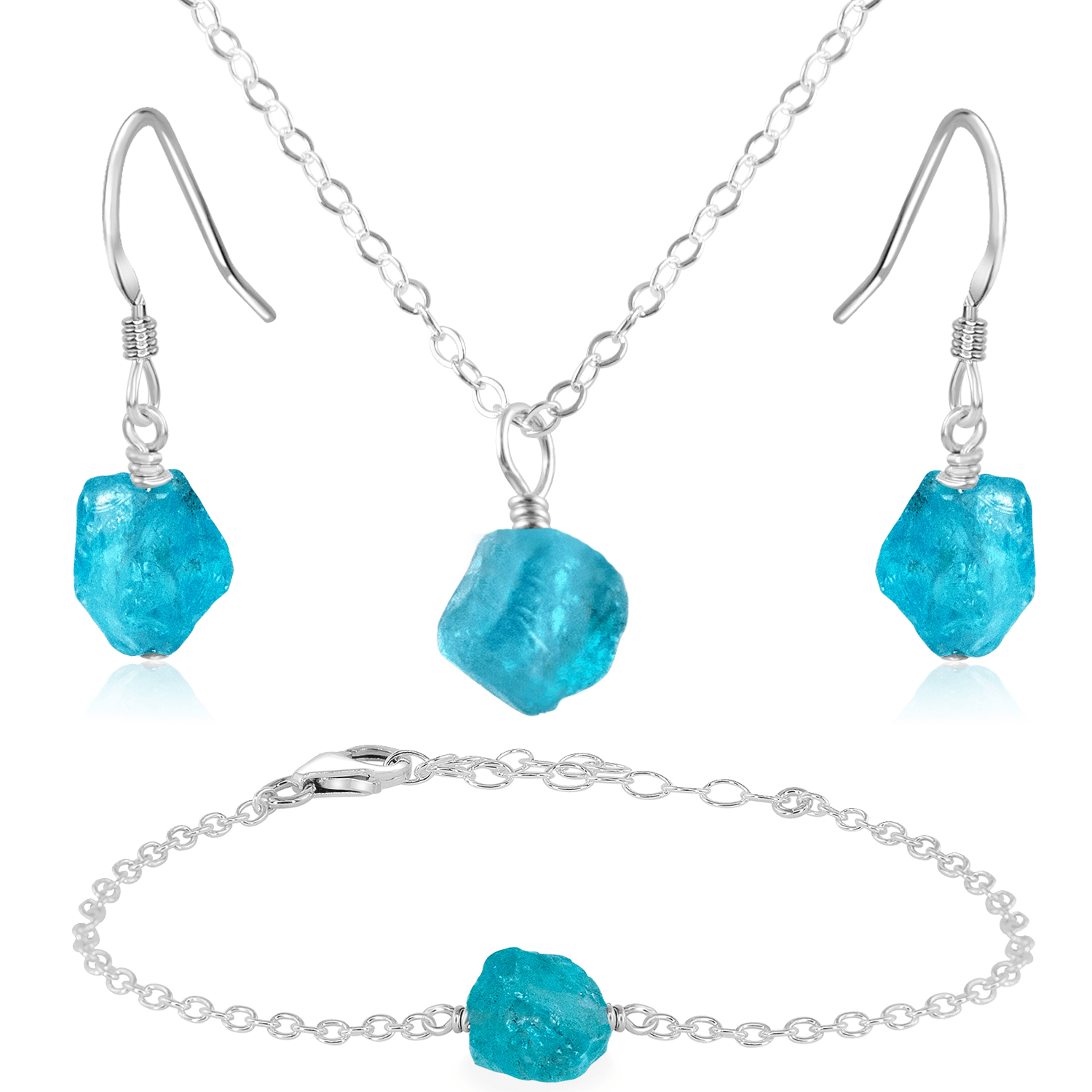 Raw Apatite Crystal Jewellery Set - Raw Apatite Crystal Jewellery Set - Sterling Silver / Cable / Necklace & Earrings & Bracelet - Luna Tide Handmade Crystal Jewellery