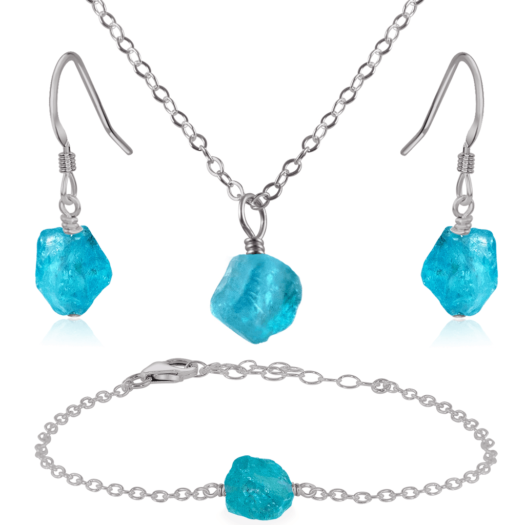Raw Apatite Crystal Jewellery Set - Raw Apatite Crystal Jewellery Set - Stainless Steel / Cable / Necklace & Earrings & Bracelet - Luna Tide Handmade Crystal Jewellery