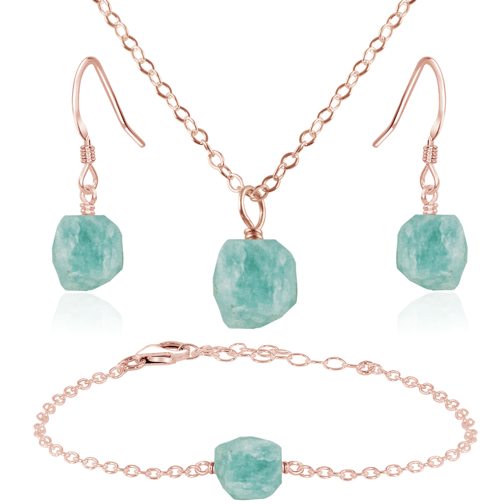 Raw Amazonite Crystal Jewellery Set - Raw Amazonite Crystal Jewellery Set - 14k Rose Gold Fill / Cable / Necklace & Earrings & Bracelet - Luna Tide Handmade Crystal Jewellery