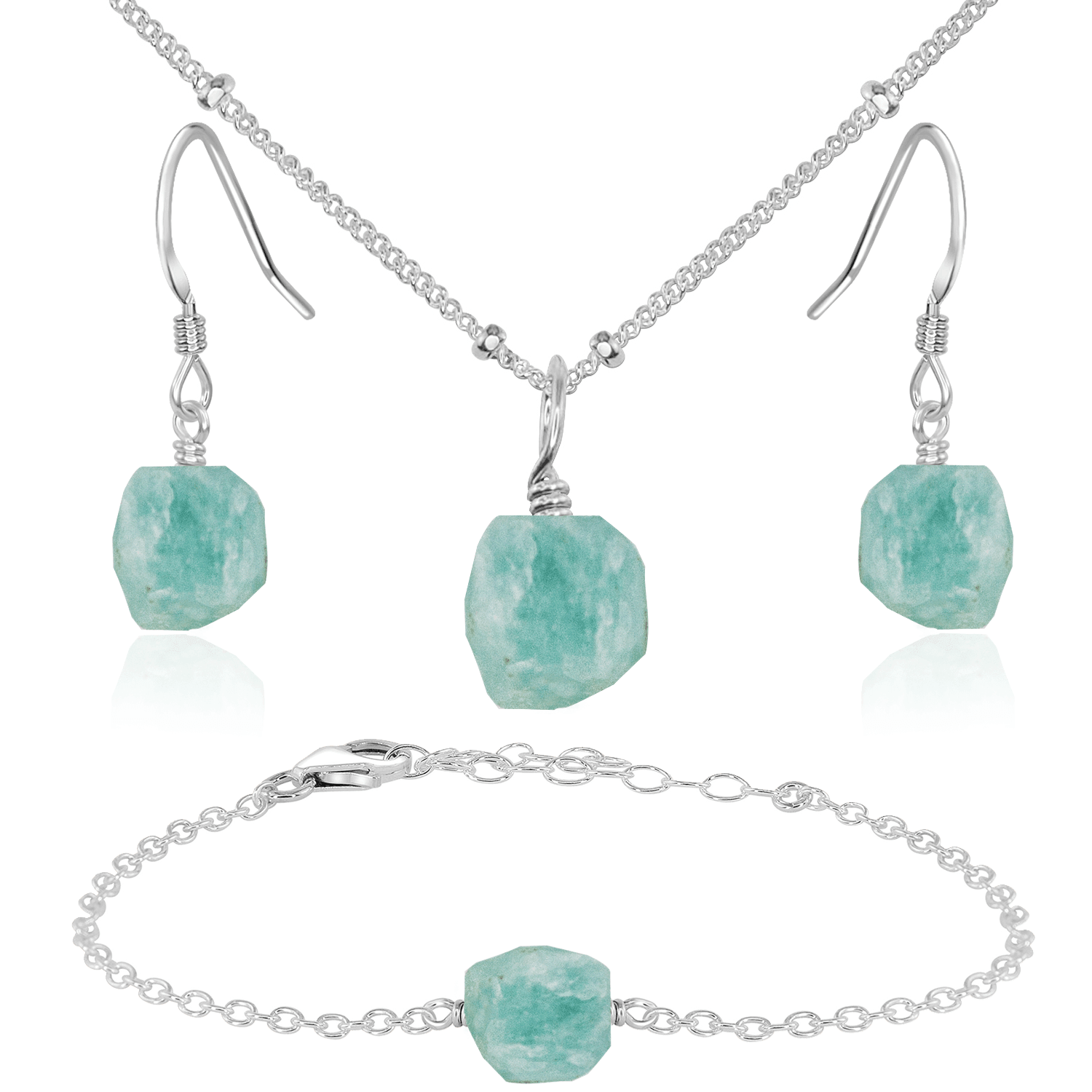 Raw Amazonite Crystal Jewellery Set - Raw Amazonite Crystal Jewellery Set - Sterling Silver / Satellite / Necklace & Earrings & Bracelet - Luna Tide Handmade Crystal Jewellery