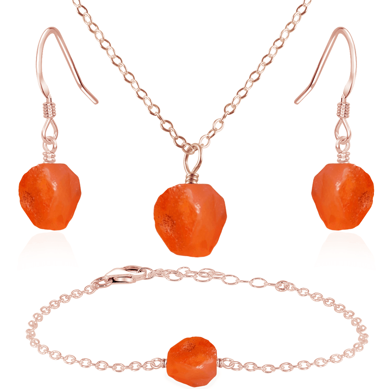 Raw Carnelian Crystal Jewellery Set - Raw Carnelian Crystal Jewellery Set - 14k Rose Gold Fill / Cable / Necklace & Earrings & Bracelet - Luna Tide Handmade Crystal Jewellery