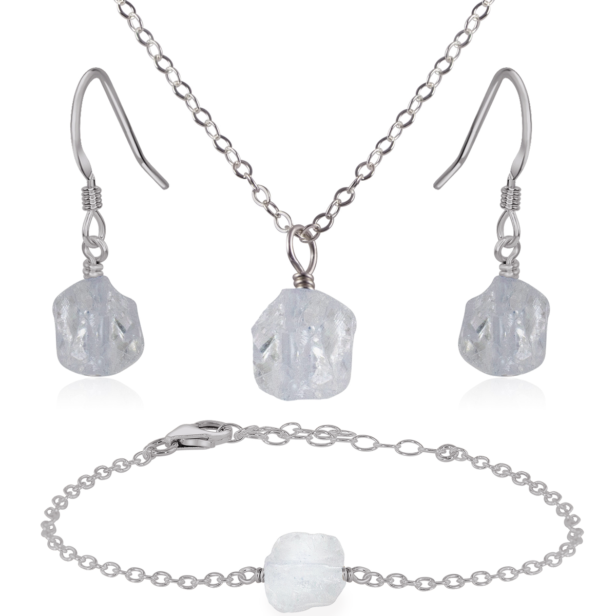 Raw Crystal Quartz Jewellery Set - Raw Crystal Quartz Jewellery Set - Stainless Steel / Cable / Necklace & Earrings & Bracelet - Luna Tide Handmade Crystal Jewellery