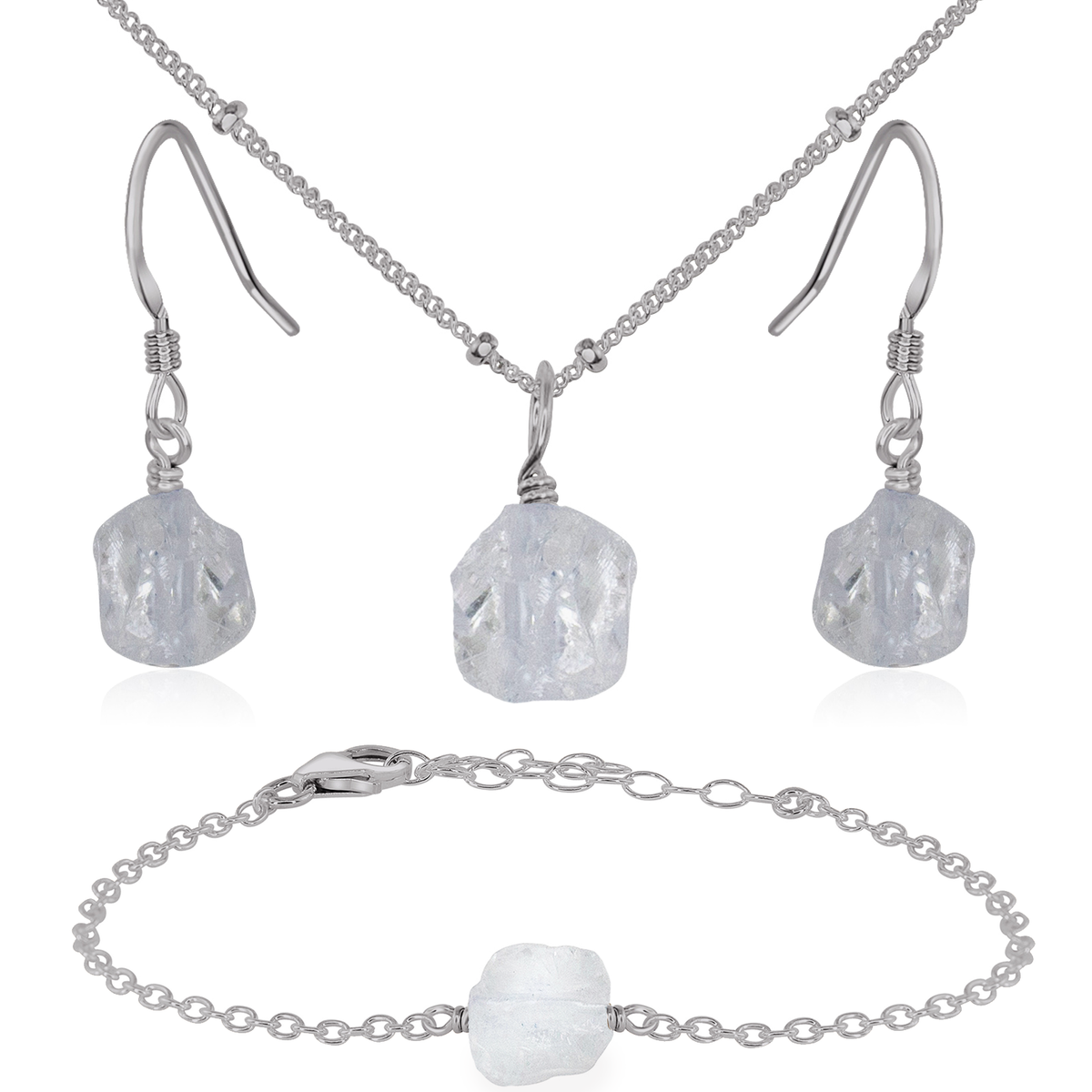 Raw Crystal Quartz Jewellery Set - Raw Crystal Quartz Jewellery Set - Stainless Steel / Satellite / Necklace & Earrings & Bracelet - Luna Tide Handmade Crystal Jewellery