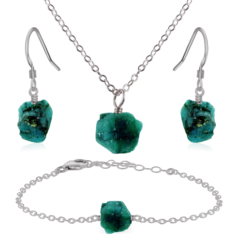 Raw Emerald Crystal Jewellery Set - Raw Emerald Crystal Jewellery Set - Stainless Steel / Cable / Necklace & Earrings & Bracelet - Luna Tide Handmade Crystal Jewellery