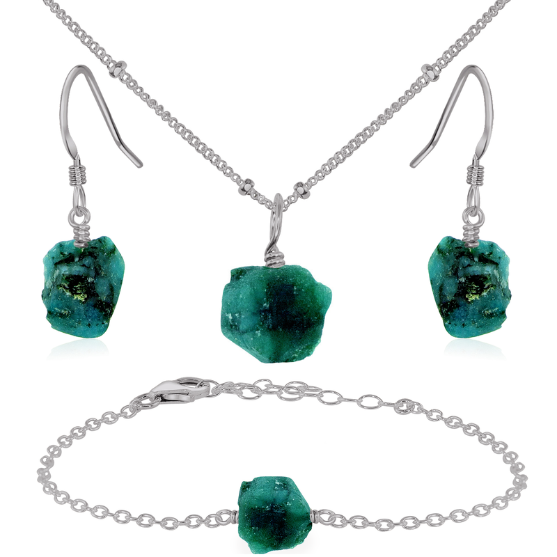 Raw Emerald Crystal Jewellery Set - Raw Emerald Crystal Jewellery Set - Stainless Steel / Satellite / Necklace & Earrings & Bracelet - Luna Tide Handmade Crystal Jewellery