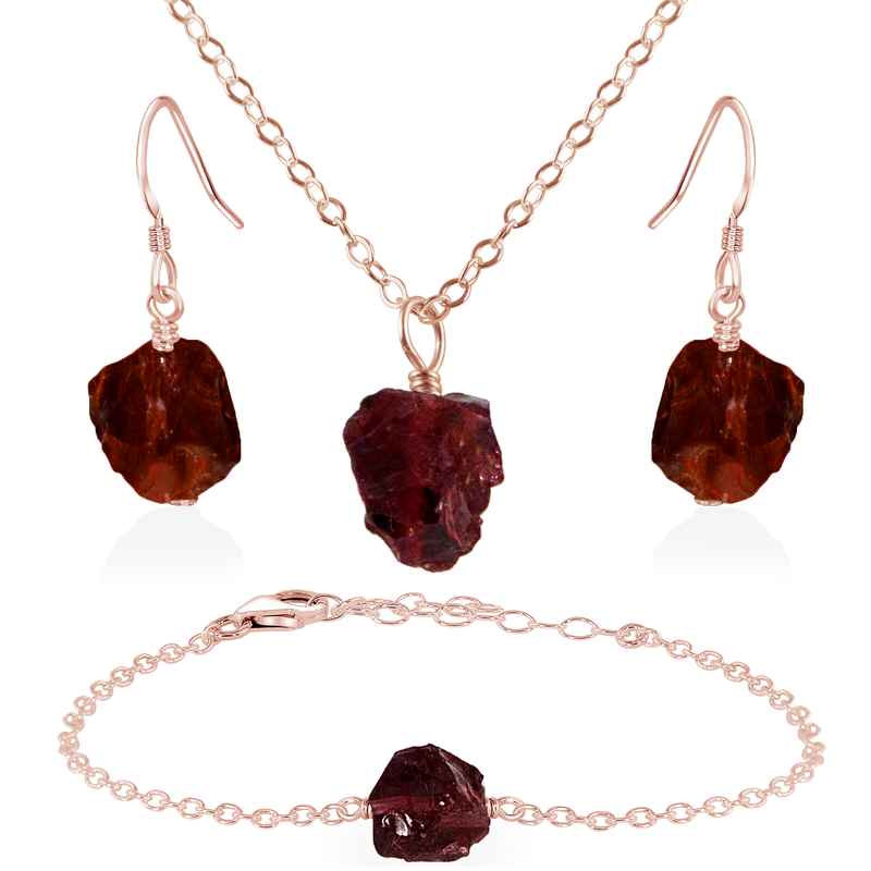 Raw Garnet Crystal Jewellery Set - Raw Garnet Crystal Jewellery Set - 14k Rose Gold Fill / Cable / Necklace & Earrings & Bracelet - Luna Tide Handmade Crystal Jewellery
